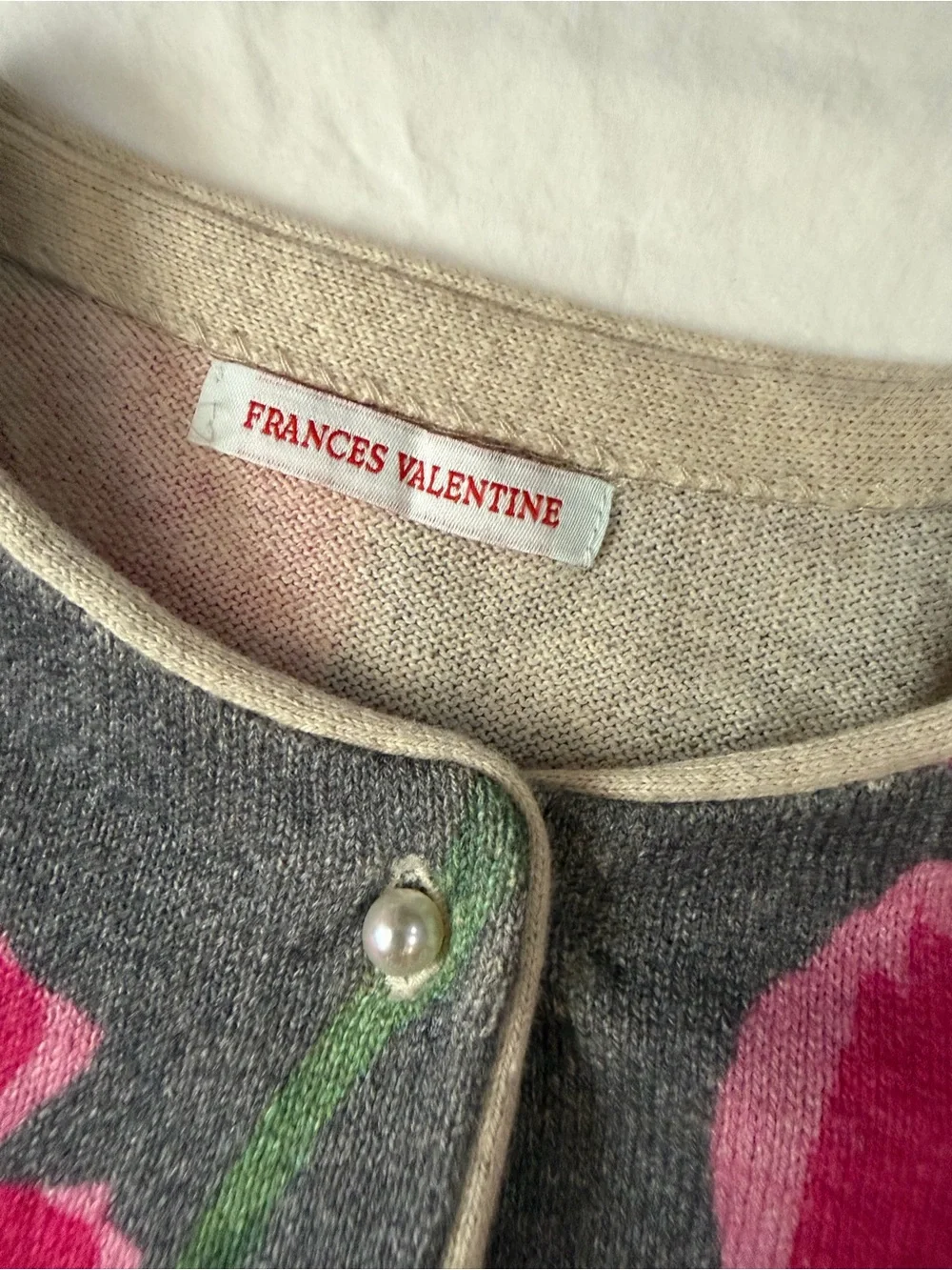 FRANCES VALENTINE Darling Cardigan Dutch Tulip Gray Pink Floral Sweater S - Picture 5 of 14